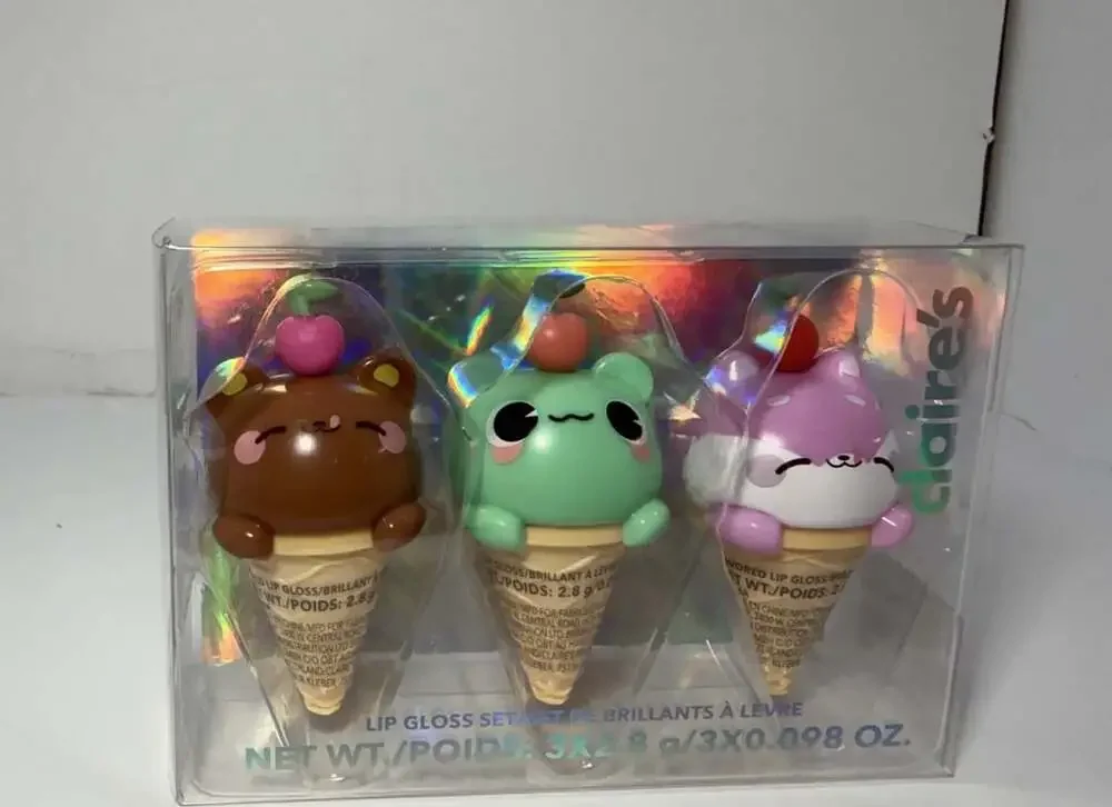 NIB Claire's Ice Cream Lip Gloss 3-Pack BrownBear,MintFrog,LilacCat Fruit Flavor